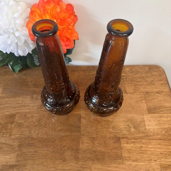 Vintage MCM Amber Glass Genie Bottles Pair Portugal Embossed Floral Decanter Vas - Picture 3 of 7